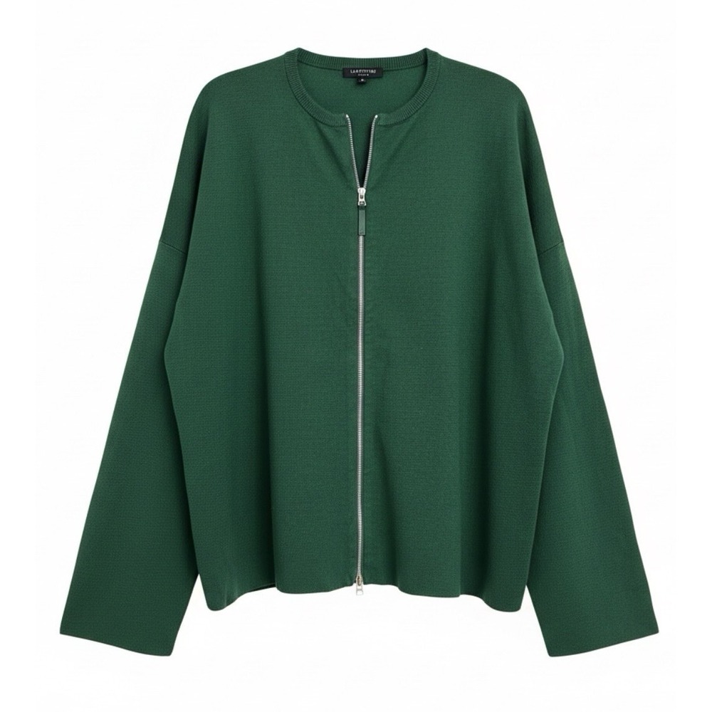 Lafayette 148 Green 100% Wool Full Zip Top Sweater M L Boxy Clean Corpcore Knit